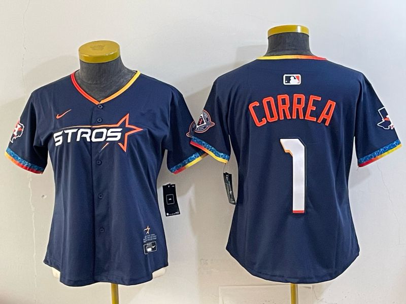 Women 2025 Houston Astros #1 Correa Blue Four generations Joint Name Nike MLB Jersey style 01